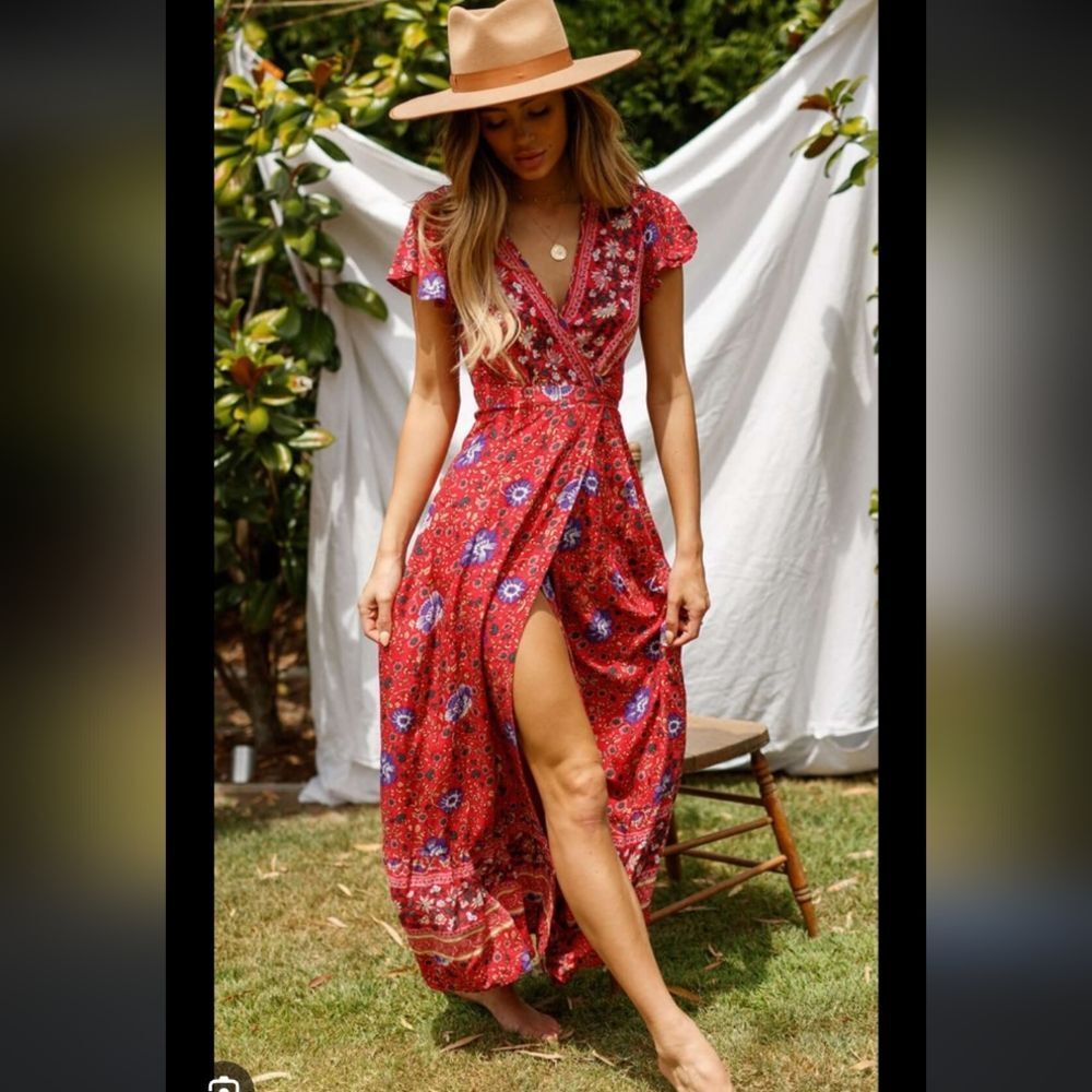 Lot Of 2 Wrap Dresses Maxi Dress Boho Leg Slit Belted Red And Blue XL - Picture 10 of 10